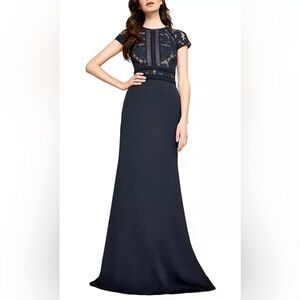 Tadashi Shoji Catrine Lace Bodice Gown Nave Blue Short Sleeve Maxi Dress Size 4
